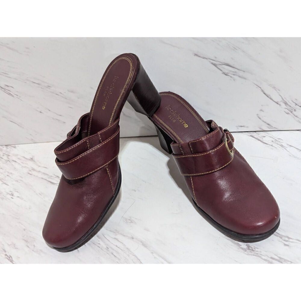 Liz Claiborne Women's Burgundy Leather Slip-On 3" Heel Mules Size 7M